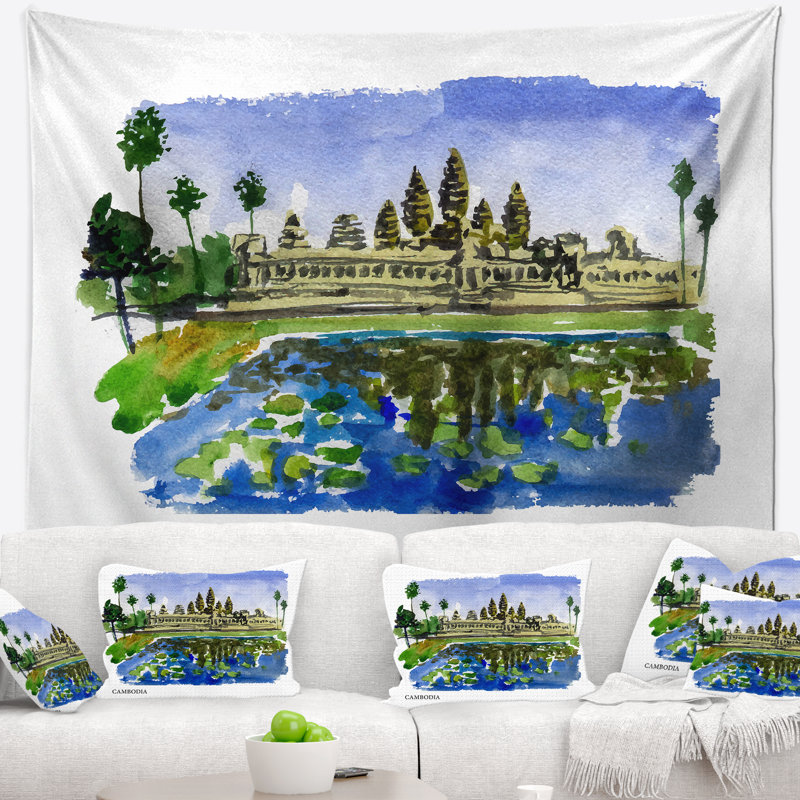 Paysage urbain cambodge vector illustration tapisserie, H 32 po x l 39 po