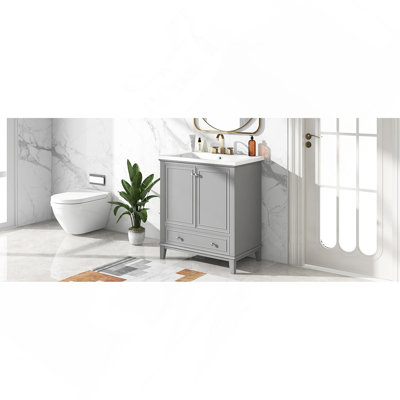 Meuble-lavabo 30 po avec lavabo, armoire de salle de bain multifonctionnelle avec portes et tiroir, structure solide et panneau de fibres à densité moyenne, gris