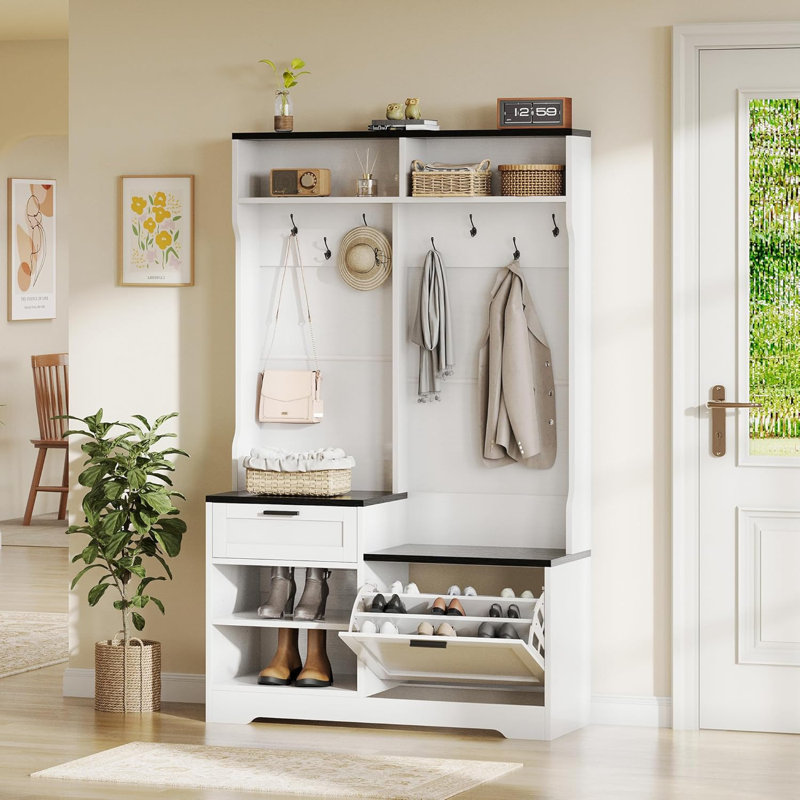 71" Hall Tree With Bench And Shoe Storage, Entryway Hall Tree With Coat Rack, White/Black