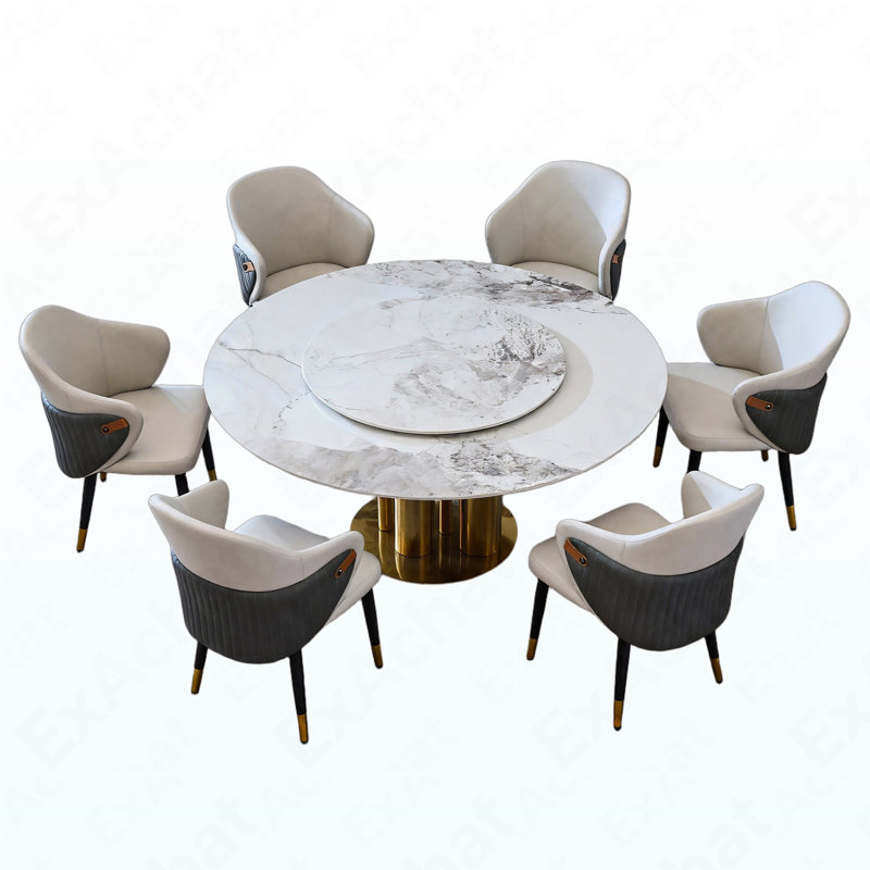 Table de salle à manger ronde 59 po 59 po avec plateau tournant à 360 °, plateau en pierre frittée résistant aux taches et à la chaleur, design minimaliste moderne pour la cuisine, la salle à manger et les espaces compacts (6 chaises)