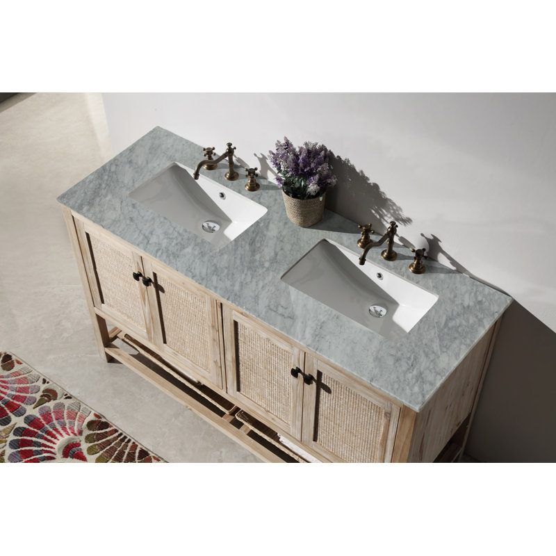 60'' White Wash Fir Wood Double Bathroom Vanity with Marble Top
