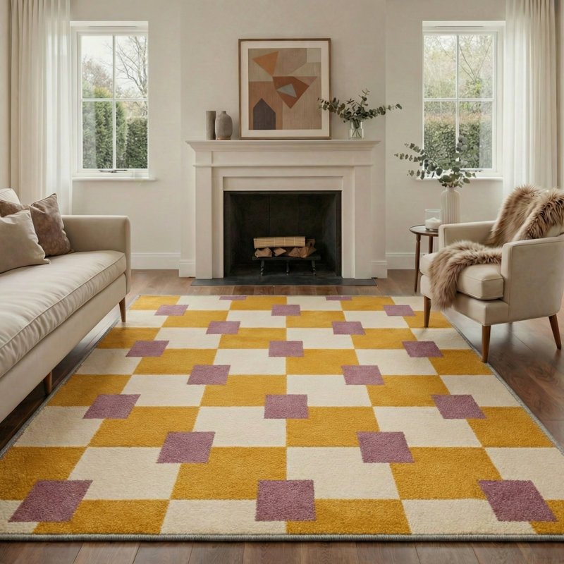 Geoform Modern Machine Washable Yellow / Beige / Purple Indoor Area Rug with Non-Slip Backing, Rectangle 6' x 9'