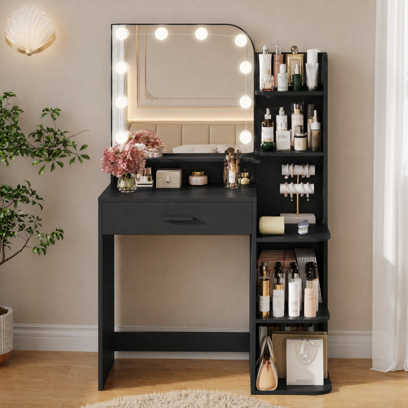 Coiffeuse de maquillage avec miroir lumineux à DEL et 5 tablettes ouvertes pour la chambre à coucher, Noir