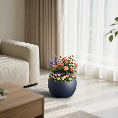 Petit pot à fleurs rond en béton bleu marine 11 po x H 7,5 po pour l'intérieur et l'extérieur avec trou de drainage