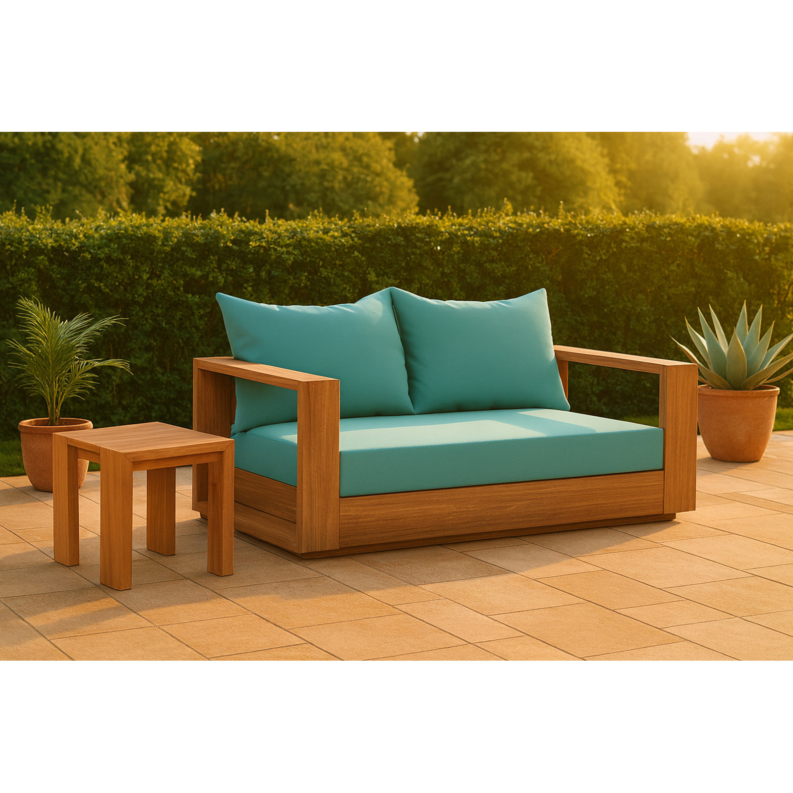 Tulum 63'' Wide Teak Loveseat with Cushions, Sea Blue
