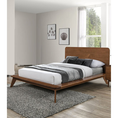 Mid - Century Modern Full Size Bed In Walnut Solid Wood, Platform With Panel Headboard And Tapered Angled Legs, Mattress Ready Wood Bedframe, Bed, Headboard,