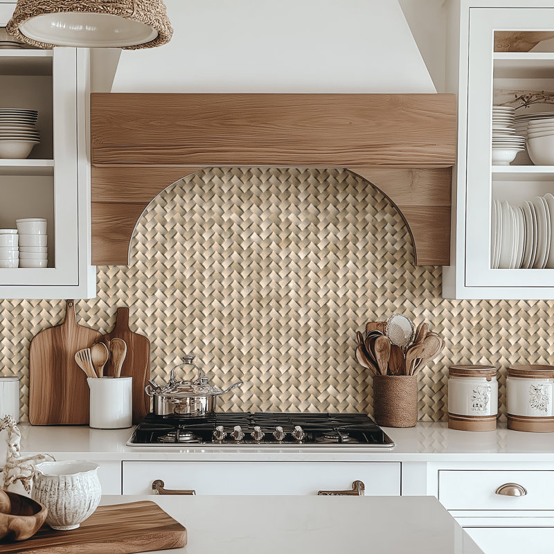 Crema Marfil Herringbone 12 in. x 12 in. Polished Marble Mosaic Wall Tile, Crema Marfil