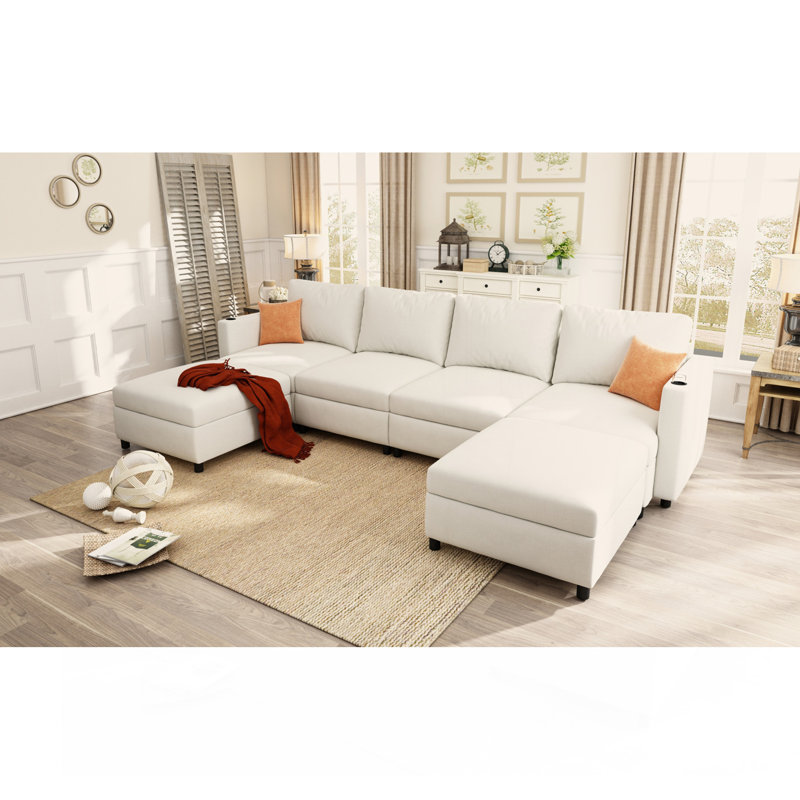 Tafariah 123.6'' U-shaped Sectional Upholstered Sofa, Antique White Chenille