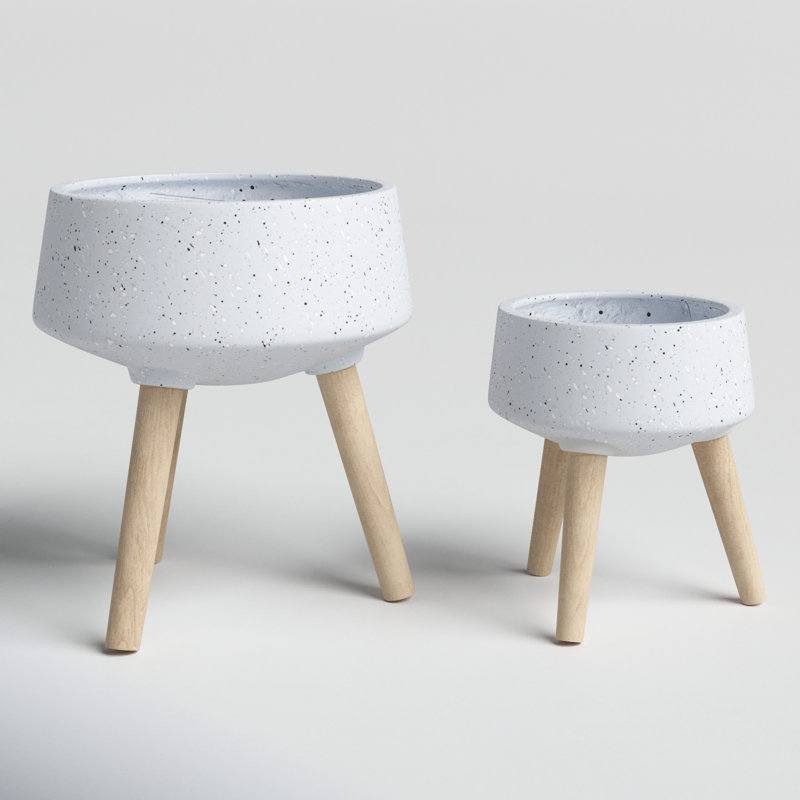 Set of 2 Resin and Magnesia Planters with Beech Wood Stands - Modern Elevated Indoor Outdoor Decorative Plant Holders for Stylish Display.