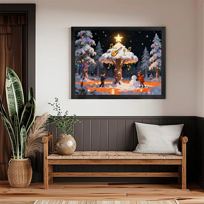 Art mural arbre de Noël fantaisiste noir encadré - Forêt enchantée enneigée, décorations festives, H 9 po x l 11 po