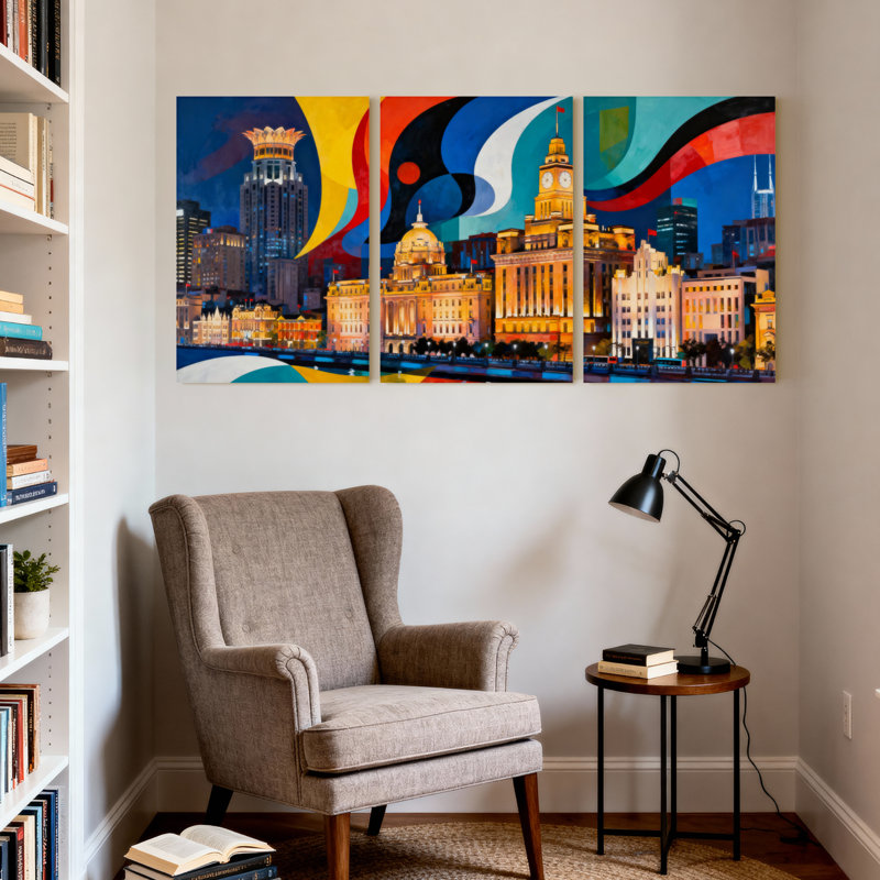 Villes et pays, paysage urbain, reflets, couleurs abstraites, veilleuses, architecture moderne, horizon urbain, ensemble de 3 impressions sur toile