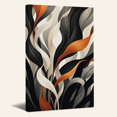 Tableau abstrait de feuilles ondulantes en noir et rouille sur toile