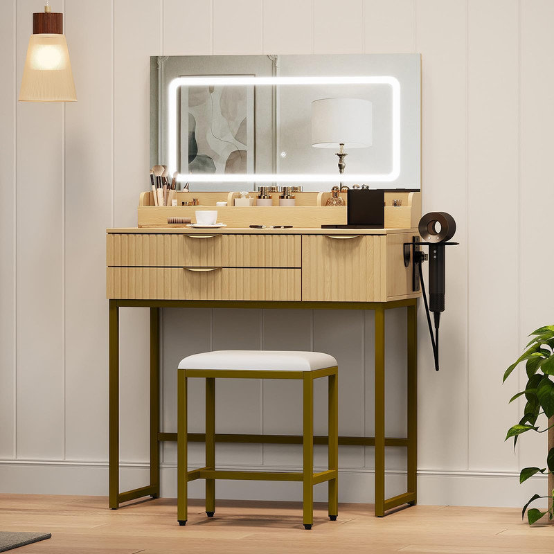 Meuble-lavabo 31 po avec miroir éclairé, prise de courant, tiroirs et support pour sèche-cheveux, Beige