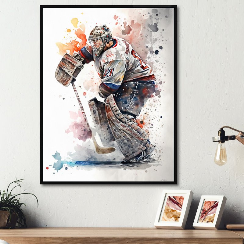 Hockey sur gazon sur glace pendant le match II - Impression sur toile, H 32 po x l 16 po x P 1 po, Cadre flottant noir