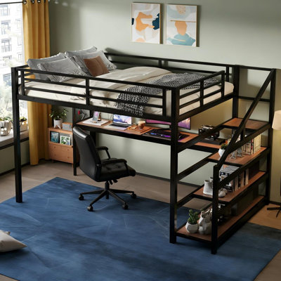 Queen Loft Bed With Desk And Storage Stairs, Metal Loft Beds With Led Lights, Usb Ports, Multifunctional Iron Nets, Space-Saving Queen Size Bed Frame, Black And Wood