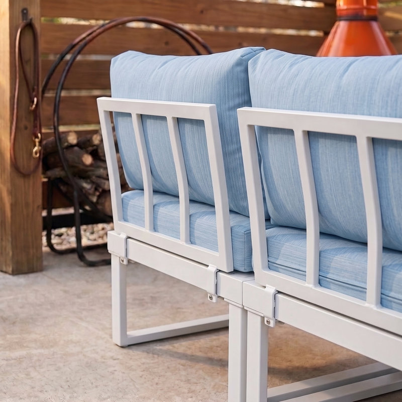 Anusri 3-Person Modular Aluminum Patio Sectional, Blue Cushion/White Frame