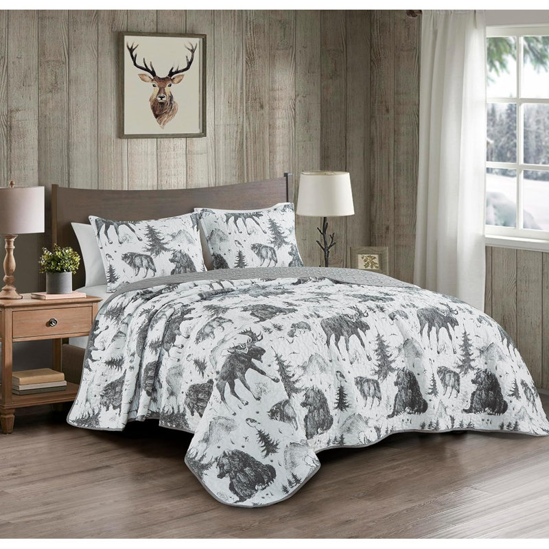 Denver Grizzly Bear Wolves Moose Lodge Quilt Set , King Quilt + 2 King Shams