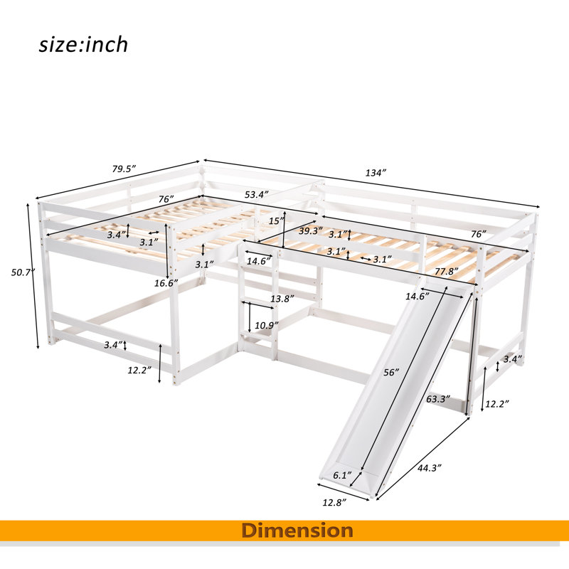 Lit superposé en L pour lit double et simple avec glissière et échelle courte, Blanc