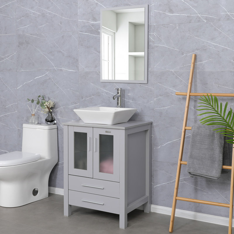  Ensemble de meuble-lavabo simple 24 po avec lavabo vasque en céramique, plateau en bois manufacturé, Gris, Gris