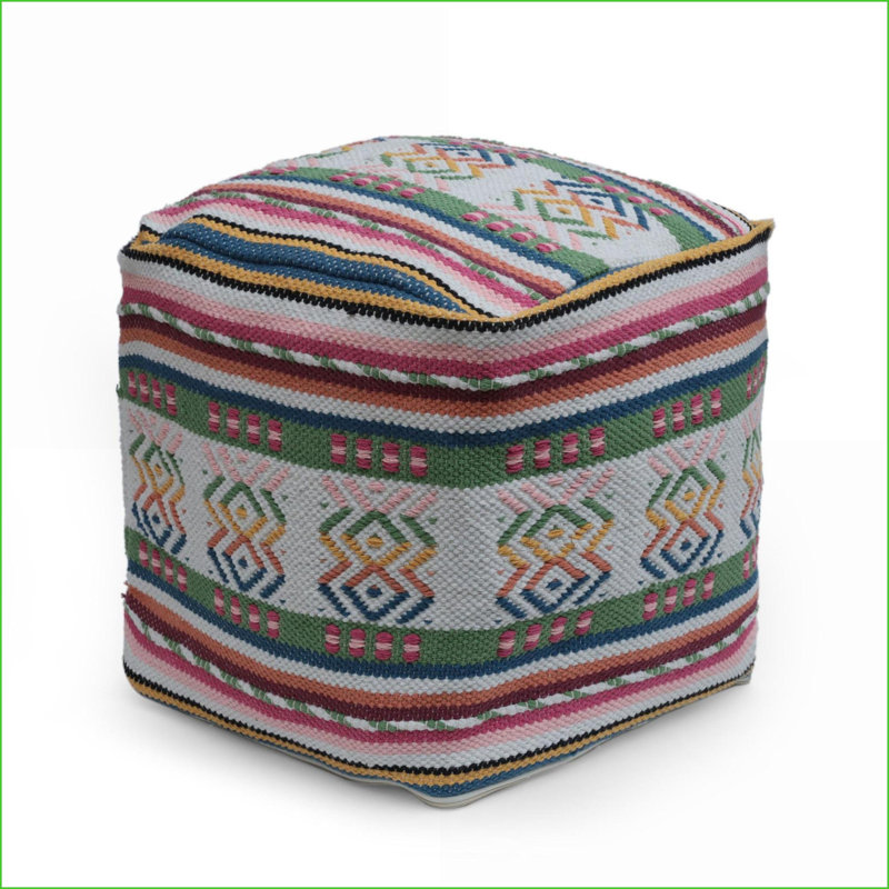 Coussin de sol repose-pieds, imprimé péruvien fabriqué à la main blanc neige / rose multicolore | Multicolore | Tissu