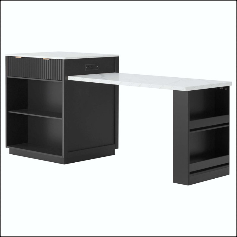 82.6" Fluted Kitchen Island with Extendable Dining Table (Seats 4-6) – Black, Black