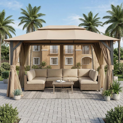 Gazebo, Heavy Duty Outdoor Canopy with Double Roof, Privacy Curtains & Mosquito Netting for Patio, Backyard, Deck