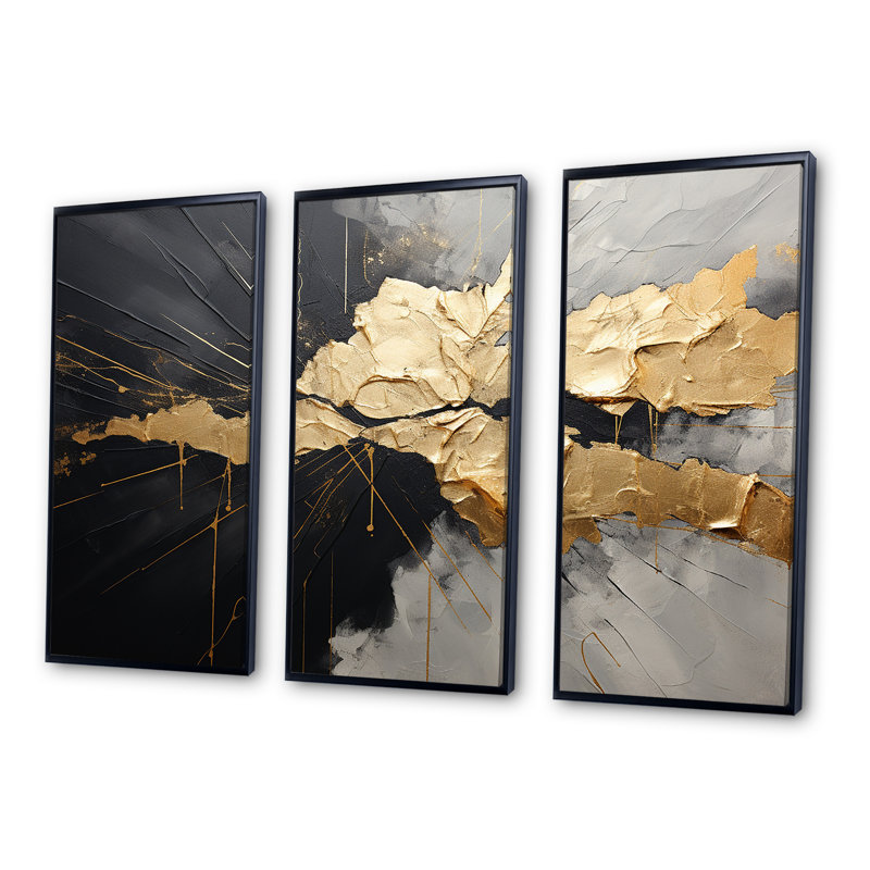 «Black and Gold Abstract Meditation I», ensemble d'art mural abstrait, H 32 po x l 48 po x P 1 po, Cadre flottant noir