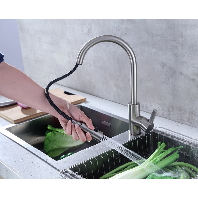 Robinet de cuisine à poignée simple rétractable, Nickel brossé