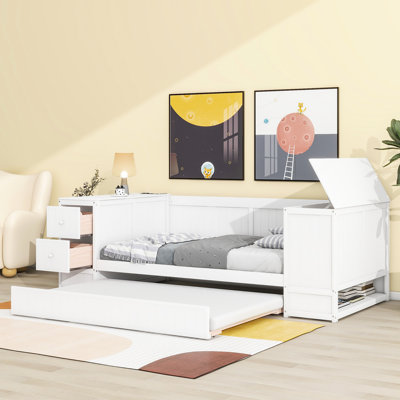 Lit de jour simple en blanc avec rangement de tiroir, lit gigogne et charge électrique - pratique en bois massif