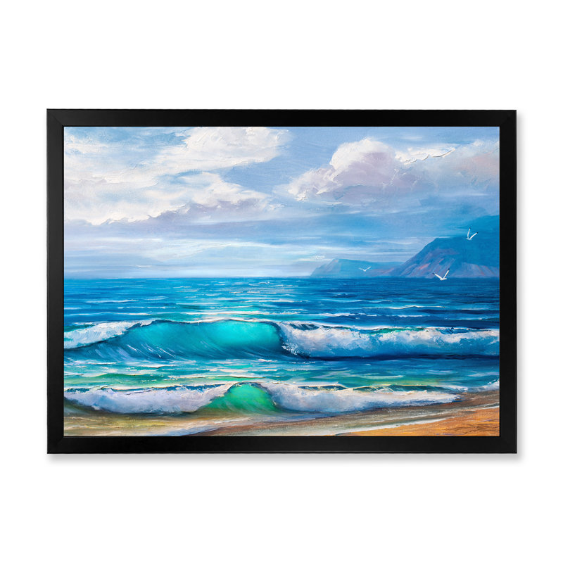 Lumière reflétant les vagues de la mer sur le rivage - peinture sur toile, H 24 po x l 32 po, Cadre photo noir