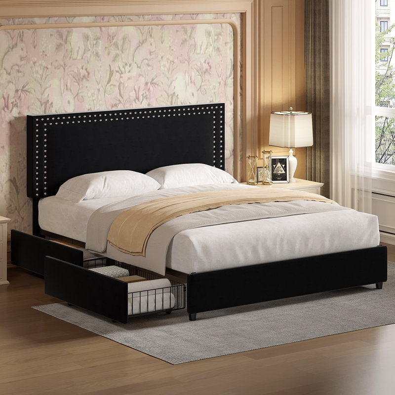 Queen Size Bed with Storage Drawers Upholstered Platform Bed Adjustable with Nailhead Trim Headboard Wooden Slats Support Bed Frame