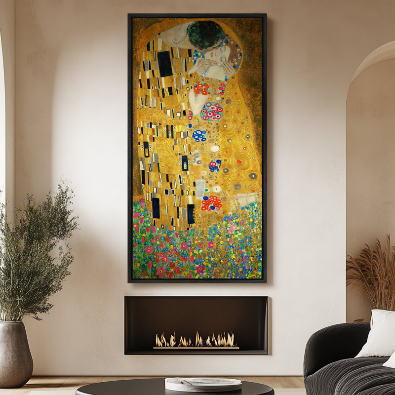 «Famous Artwork The Kiss» par Gustav Klimt, reproduction d'art sur toile, H 60 po x l 30 po, Reproduction avec cadre flottant
