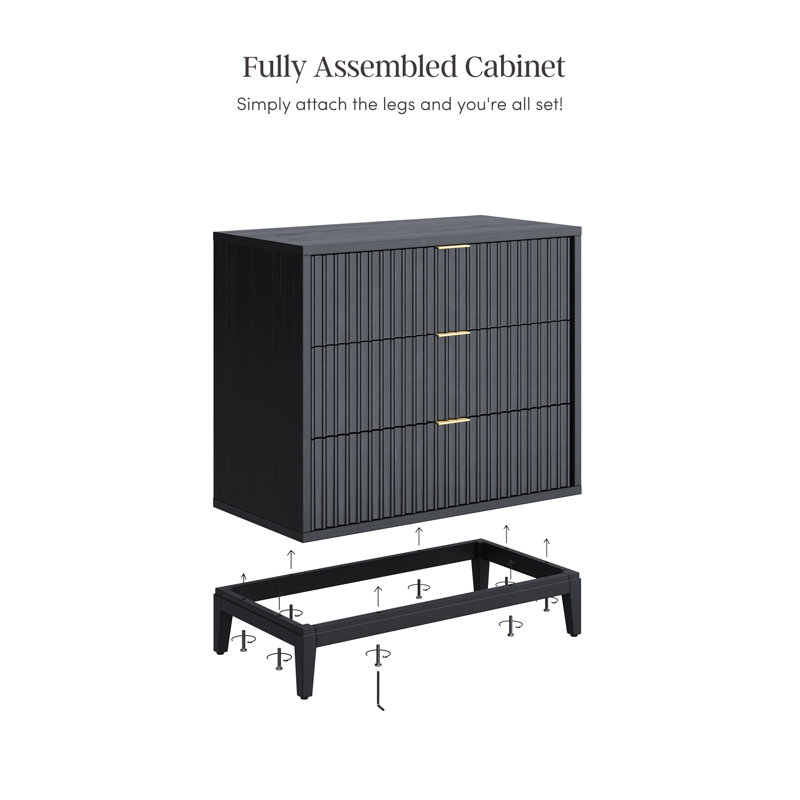 Commode Martinsen à 3 tiroirs avec cadre en bois massif et détails cannelés (ensemble de 2 pièces), Noir, noir, noir, noir