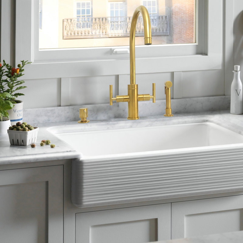 Double Handle Kitchen Faucet With Side Spray, Brushed Gold