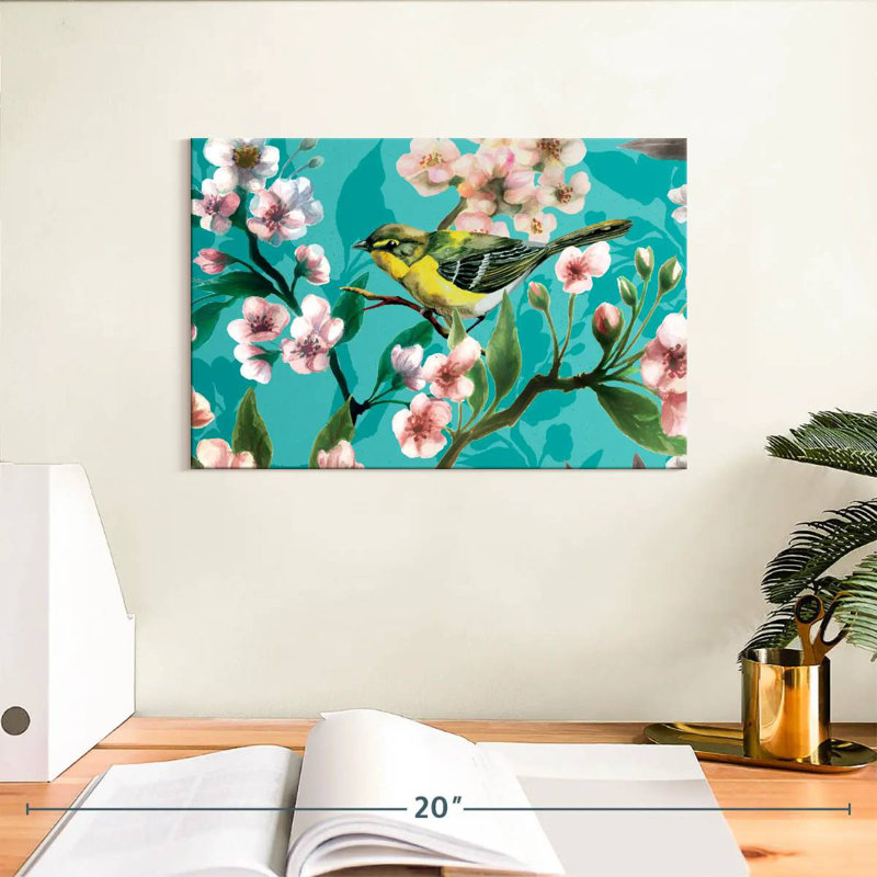 Fleurs de cerisier Brampt et oiseau jaune, H 8 po x l 12 po