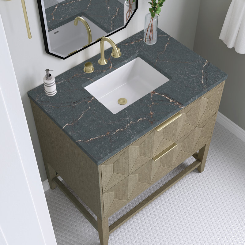 Emmeline 36'' W Single Vanity, Parisien Bleu Quartz, 8" Widespread, Oak