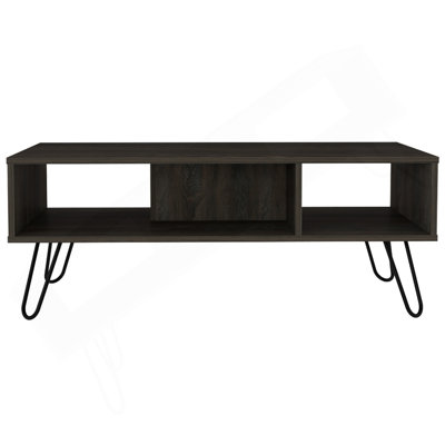 Table basse, quatre pieds, deux tablettes, espresso