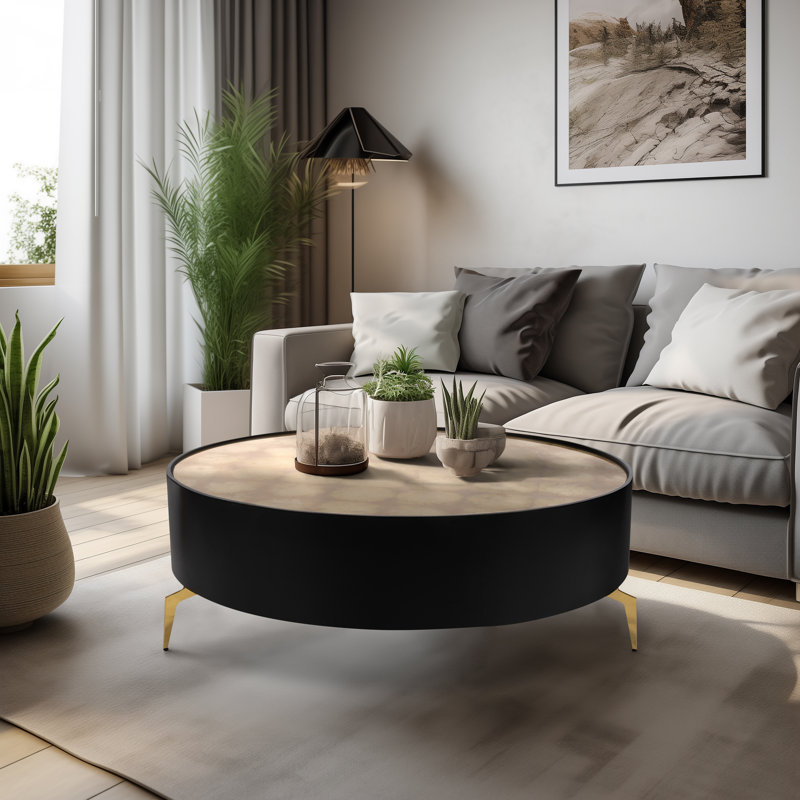 Table d'appoint en bois et verre avec design moderne et glamour rond, H 21 po x L 24 po x l 24 po, Black