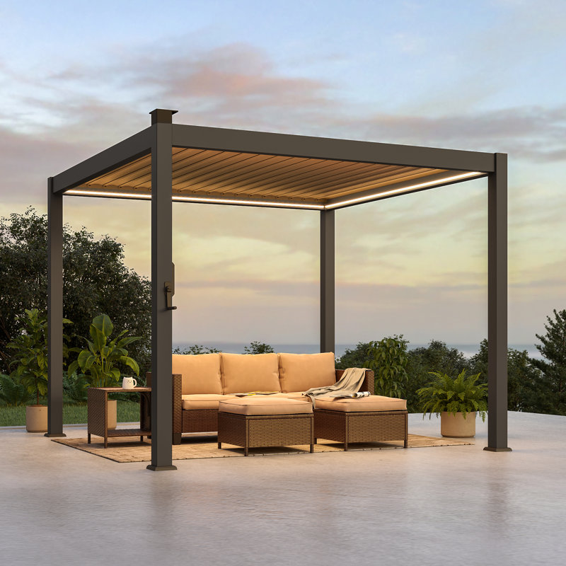 Adjustable Aluminum Pergola with Louvers with LED Lights, Charcoal Grey, 10 ft x 10 ft