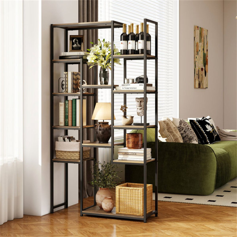 Bibliothèque géométrique en noyer avec 12 tablettes, support de rangement en métal avec ensemble anti-basculement