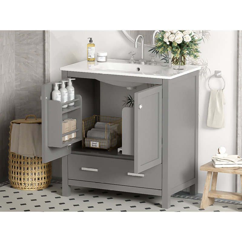 Meuble-lavabo transitionnel fonctionnel en bois massif gris - Rehaussez votre espace