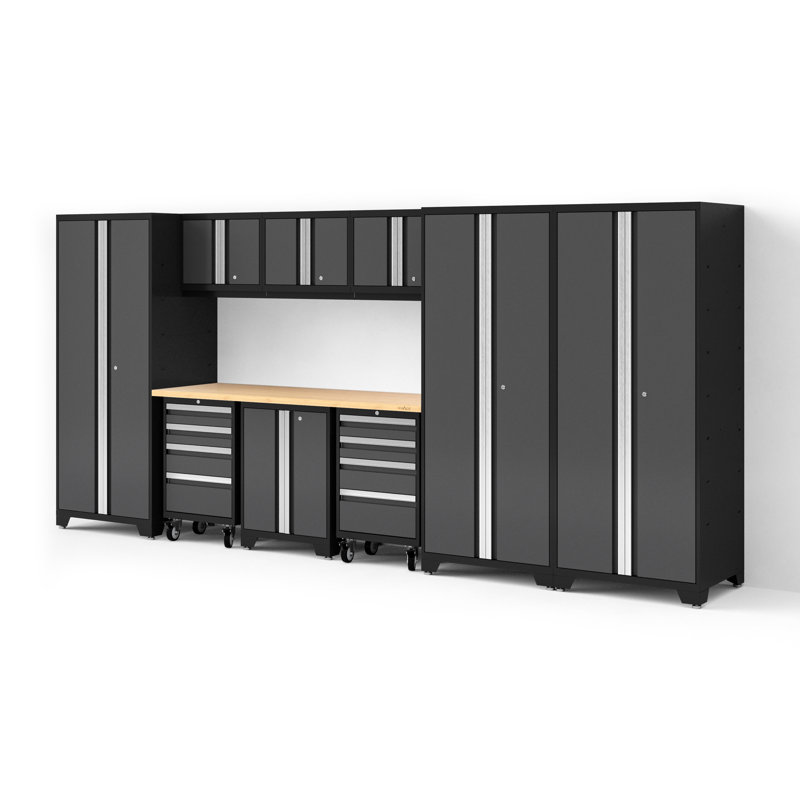 Bold XL Series Gray 10 Piece Garage Cabinets Set With Tool, Base, Wall Cabinets, Bamboo Worktop And 30 In. Lockers