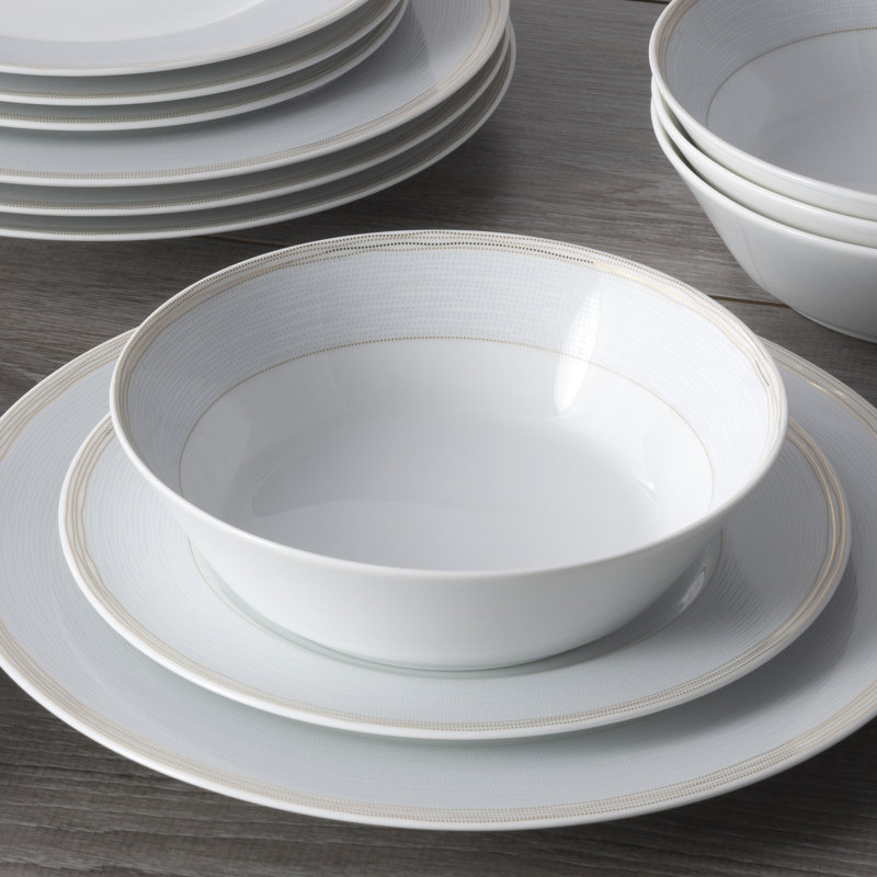 White Ceramic Soup Bowls with Gold Trim, Set of Four