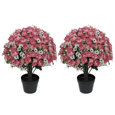 24 in. Artificial Dusty Peony Topiary Plants in Black Pots for Porch Decor (Set of 2)