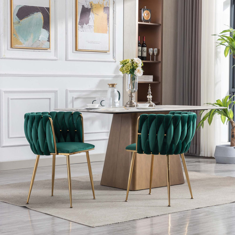 Ensemble de 2 chaises de salle à manger avec pieds dorés et structure moderne en métal doré, Vert