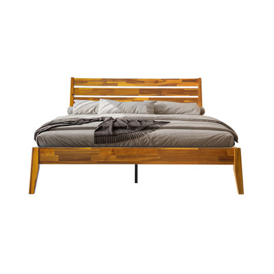 Structure de lit plateforme double avec tête et pied de lit en bois massif, 12 bases à lattes durables avec pieds en métal au centre, aucun sommier tapissier requis, anti-bruit et antidérapant, finition miel d'acacia