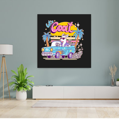 «Cool Goat Summer Drive», reproduction d'art rétro de paysage animalier rétro
