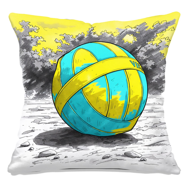 Coussins Volleyball On Beach, 14 X 14 pouces, Jaune vif et bleu ciel