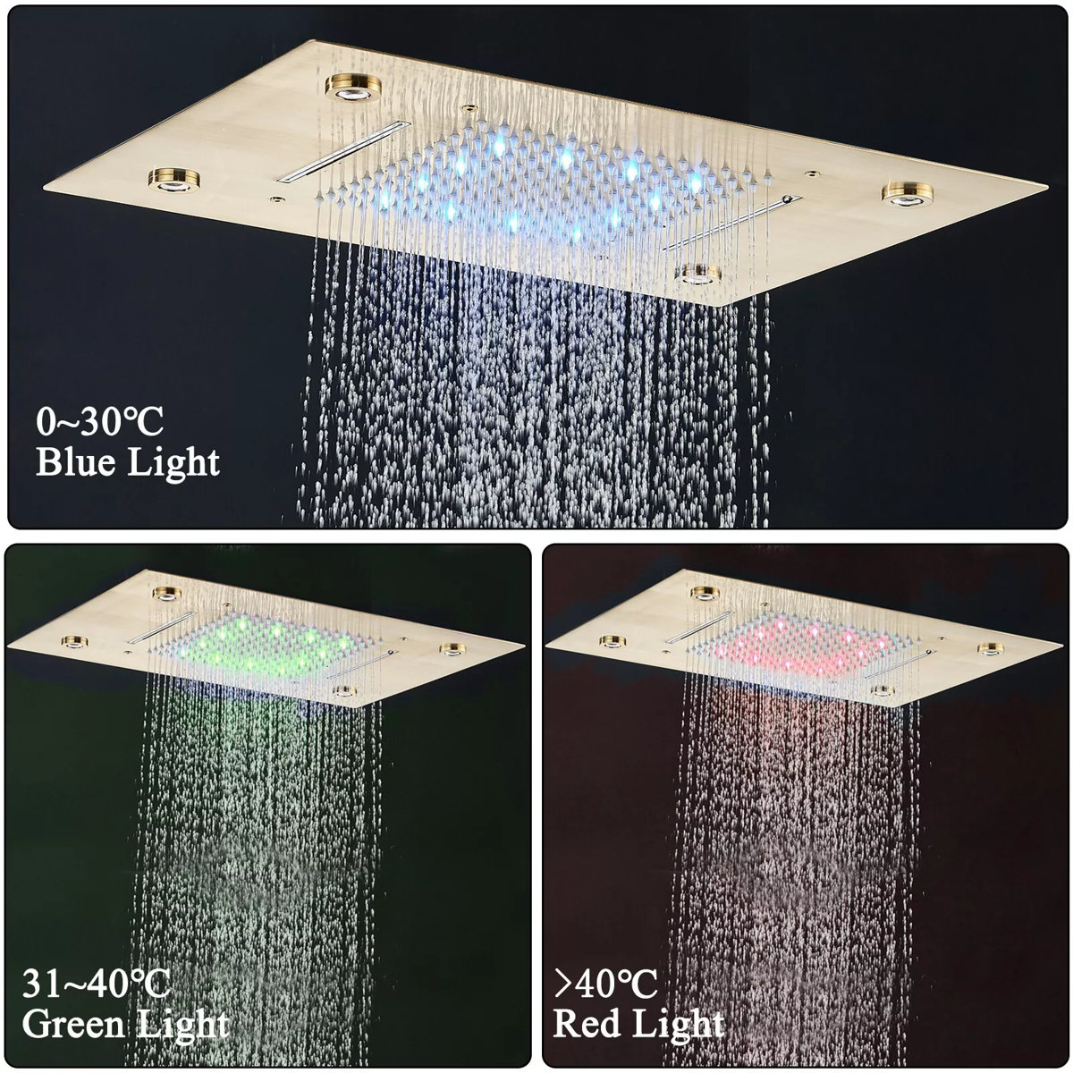 LED Thermostatic Shower Faucet Set – Black, Rain & Waterfall Head Combo With Massage Jets