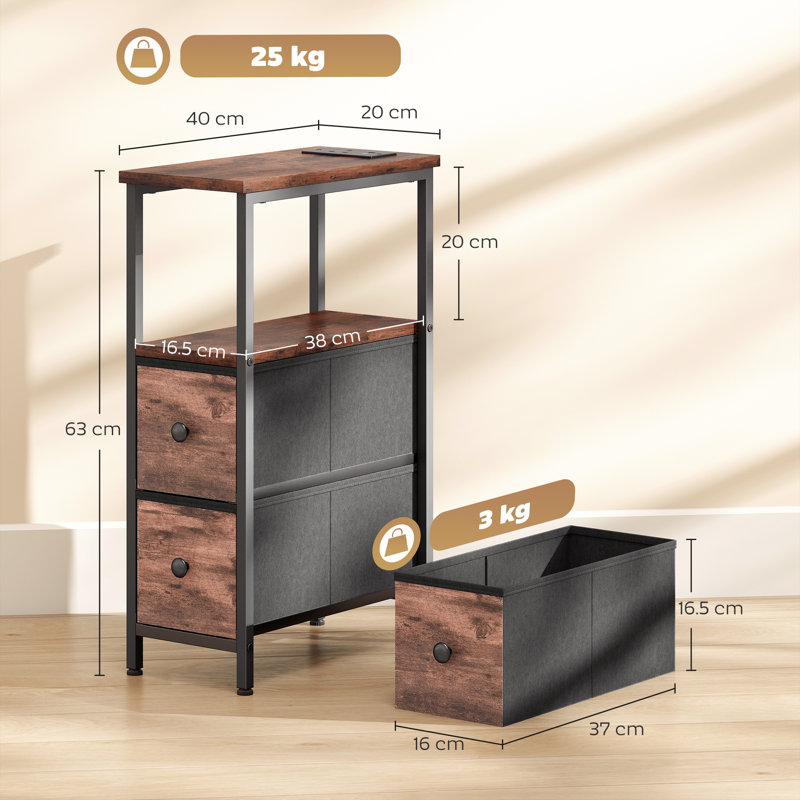 HOMCOM Side Table, Narrow Bedside Table with Charging Station, 2 Drawers